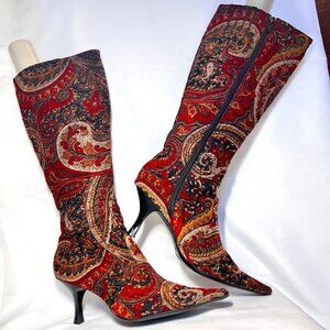 Diba Women's Tapestry Fabric Calf Zip Up Boots-Red Gold 3" Heel-Pointy Toe-Fun